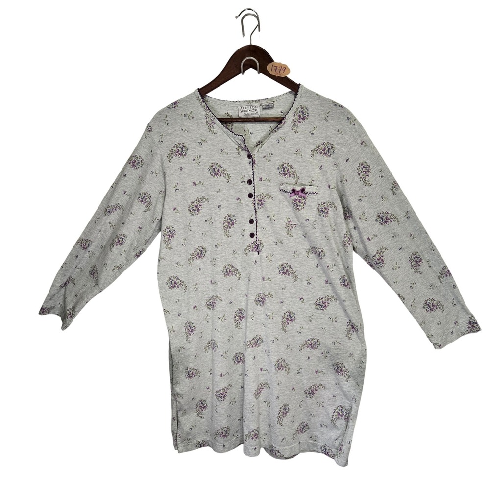 Vintage 90s Allyson Whitmore Gray Purple Floral Paisley Sleep Shirt Nightgown M